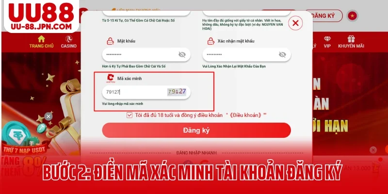 Bước 2: Điền mã xác minh tài khoản đăng ký UU88